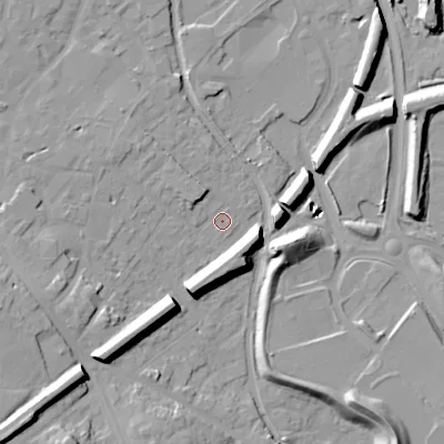 Shaded relief map of the ground around WS152EB, computed from Environment Agency LiDAR. The ground here sits at about 71 m above sea level and falls 24 m across the surrounding 800 m. Surface water reaching this point runs off ground lying to the west-south-west, 7.8 m higher.