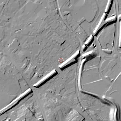 Shaded relief map of the ground around WS152ED, computed from Environment Agency LiDAR. The ground here sits at about 71 m above sea level and falls 26 m across the surrounding 800 m. Surface water reaching this point runs off ground lying to the west, 1.4 m higher.