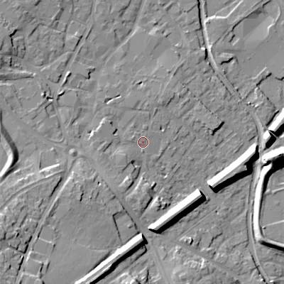 Shaded relief map of the ground around WS152EH, computed from Environment Agency LiDAR. The ground here sits at about 74 m above sea level and falls 22 m across the surrounding 800 m. Surface water reaching this point runs off ground lying to the south-west, 4.5 m higher.