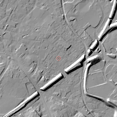 Shaded relief map of the ground around WS152EQ, computed from Environment Agency LiDAR. The ground here sits at about 72 m above sea level and falls 26 m across the surrounding 800 m. Surface water reaching this point runs off ground lying to the west-south-west, 6.6 m higher.