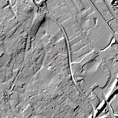 Shaded relief map of the ground around WS152FX, computed from Environment Agency LiDAR. The ground here sits at about 72 m above sea level and falls 16 m across the surrounding 800 m. Surface water reaching this point runs off ground lying to the east-south-east, 0.7 m higher.