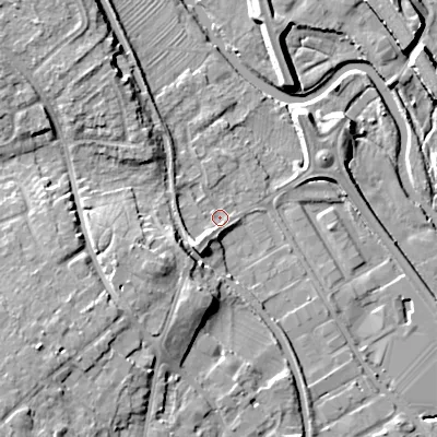 Shaded relief map of the ground around WS152HE, computed from Environment Agency LiDAR. The ground here sits at about 69 m above sea level and falls 14 m across the surrounding 800 m. Surface water reaching this point runs off ground lying to the south-south-west, 3.0 m higher.