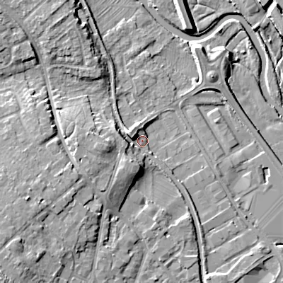 Shaded relief map of the ground around WS152HG, computed from Environment Agency LiDAR. The ground here sits at about 70 m above sea level and falls 15 m across the surrounding 800 m. Surface water reaching this point runs off ground lying to the south-west, 6.4 m higher.