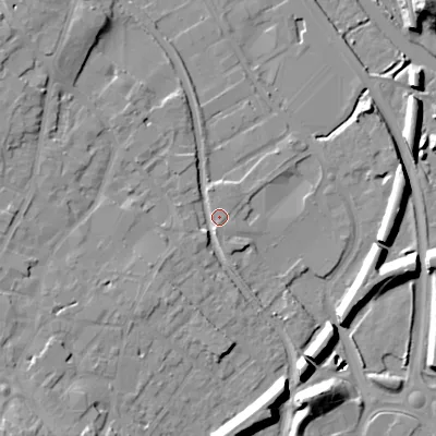 Shaded relief map of the ground around WS152HN, computed from Environment Agency LiDAR. The ground here sits at about 72 m above sea level and falls 22 m across the surrounding 800 m. Surface water reaching this point runs off ground lying to the south, 10.5 m higher.