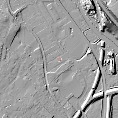 Shaded relief map of the ground around WS152HR, computed from Environment Agency LiDAR. The ground here sits at about 70 m above sea level and falls 25 m across the surrounding 800 m. Surface water reaching this point runs off ground lying to the west-south-west, 1.2 m higher.