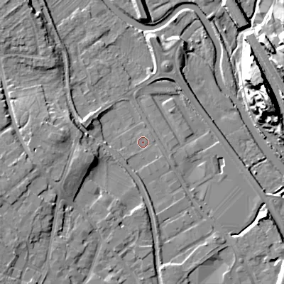 Shaded relief map of the ground around WS152HS, computed from Environment Agency LiDAR. The ground here sits at about 69 m above sea level and falls 20 m across the surrounding 800 m. Surface water reaching this point runs off ground lying to the south-west, 0.9 m higher.