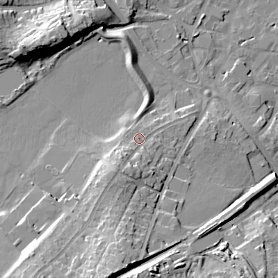 Shaded relief map of the ground around WS152HX, computed from Environment Agency LiDAR. The ground here sits at about 84 m above sea level and falls 27 m across the surrounding 800 m. Surface water reaching this point runs off ground lying to the south-west, 7.1 m higher.