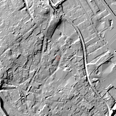 Shaded relief map of the ground around WS152JH, computed from Environment Agency LiDAR. The ground here sits at about 73 m above sea level and falls 16 m across the surrounding 800 m. Surface water reaching this point runs off ground lying to the west-south-west, 7.0 m higher.