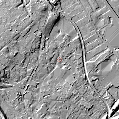 Shaded relief map of the ground around WS152JJ, computed from Environment Agency LiDAR. The ground here sits at about 72 m above sea level and falls 16 m across the surrounding 800 m. Surface water reaching this point runs off ground lying to the south-west, 10.2 m higher.