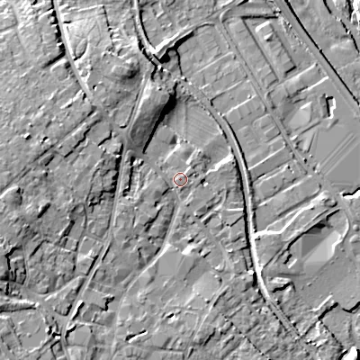 Shaded relief map of the ground around WS152JL, computed from Environment Agency LiDAR. The ground here sits at about 73 m above sea level and falls 15 m across the surrounding 800 m. Surface water reaching this point runs off ground lying to the west-south-west, 8.4 m higher.
