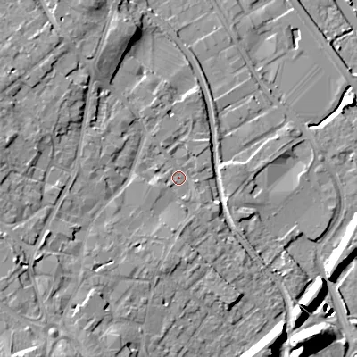 Shaded relief map of the ground around WS152JN, computed from Environment Agency LiDAR. The ground here sits at about 72 m above sea level and falls 18 m across the surrounding 800 m. Surface water reaching this point runs off ground lying to the south-west, 4.0 m higher.