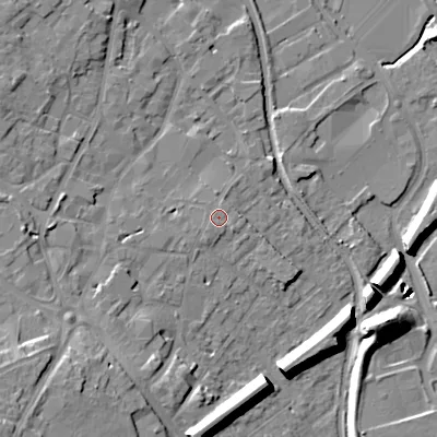 Shaded relief map of the ground around WS152JP, computed from Environment Agency LiDAR. The ground here sits at about 74 m above sea level and falls 22 m across the surrounding 800 m. The ground contributing surface water to this point lies to the south.