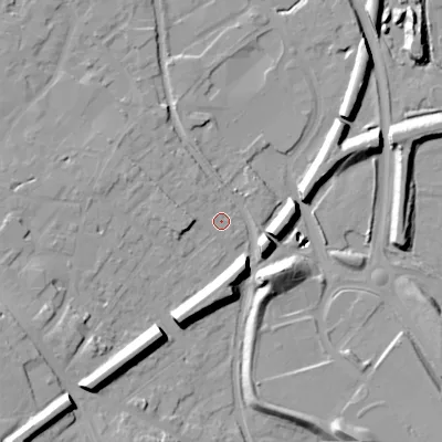 Shaded relief map of the ground around WS152JR, computed from Environment Agency LiDAR. The ground here sits at about 71 m above sea level and falls 23 m across the surrounding 800 m. Surface water reaching this point runs off ground lying to the west, 3.2 m higher.