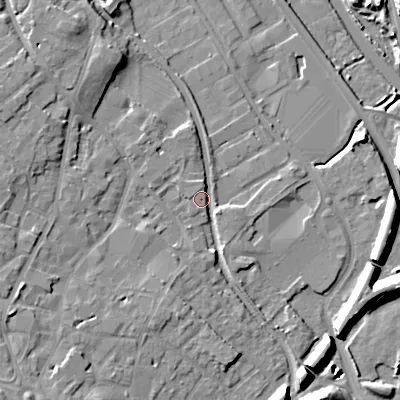 Shaded relief map of the ground around WS152JS, computed from Environment Agency LiDAR. The ground here sits at about 72 m above sea level and falls 18 m across the surrounding 800 m. Surface water reaching this point runs off ground lying to the south-south-east, 9.1 m higher.