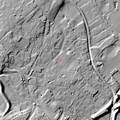 Shaded relief map of the ground around WS152JT, computed from Environment Agency LiDAR. The ground here sits at about 73 m above sea level and falls 17 m across the surrounding 800 m. Surface water reaching this point runs off ground lying to the south-south-west, 1.0 m higher.