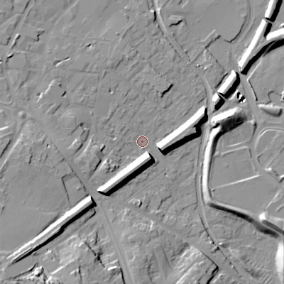 Shaded relief map of the ground around WS152JU, computed from Environment Agency LiDAR. The ground here sits at about 71 m above sea level and falls 27 m across the surrounding 800 m. Surface water reaching this point runs off ground lying to the south-west, 11.9 m higher.