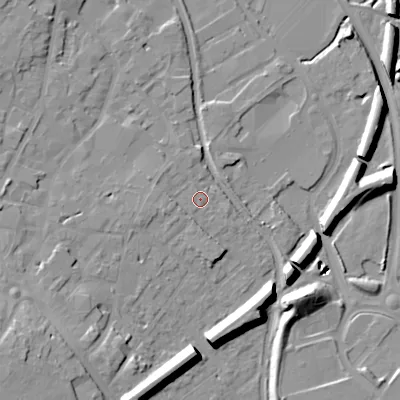 Shaded relief map of the ground around WS152JW, computed from Environment Agency LiDAR. The ground here sits at about 72 m above sea level and falls 20 m across the surrounding 800 m. Surface water reaching this point runs off ground lying to the west, 2.6 m higher.