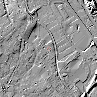 Shaded relief map of the ground around WS152JY, computed from Environment Agency LiDAR. The ground here sits at about 72 m above sea level and falls 20 m across the surrounding 800 m. Surface water reaching this point runs off ground lying to the south-west, 7.4 m higher.