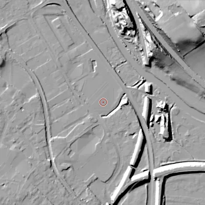 Shaded relief map of the ground around WS152WA, computed from Environment Agency LiDAR. The ground here sits at about 68 m above sea level and falls 30 m across the surrounding 800 m. Surface water reaching this point runs off ground lying to the west-south-west, 0.6 m higher.