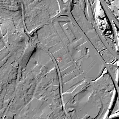 Shaded relief map of the ground around WS152WB, computed from Environment Agency LiDAR. The ground here sits at about 69 m above sea level and falls 20 m across the surrounding 800 m. Surface water reaching this point runs off ground lying to the south, 1.5 m higher.