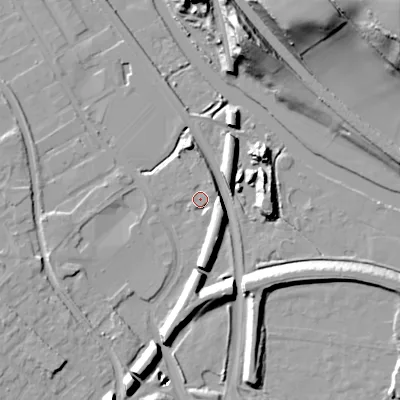 Shaded relief map of the ground around WS152WD, computed from Environment Agency LiDAR. The ground here sits at about 69 m above sea level and falls 33 m across the surrounding 800 m. Surface water reaching this point runs off ground lying to the east-south-east, 6.2 m higher.