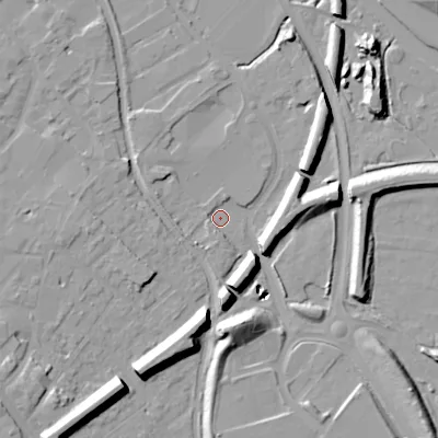 Shaded relief map of the ground around WS152WT, computed from Environment Agency LiDAR. The ground here sits at about 69 m above sea level and falls 20 m across the surrounding 800 m. Surface water reaching this point runs off ground lying to the south-south-east, 17.5 m higher.