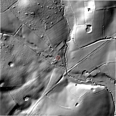 Shaded relief map of the ground around WS153AH, computed from Environment Agency LiDAR. The ground here sits at about 107 m above sea level and falls 35 m across the surrounding 800 m. Surface water reaching this point runs off ground lying to the north-north-west, 1.9 m higher.