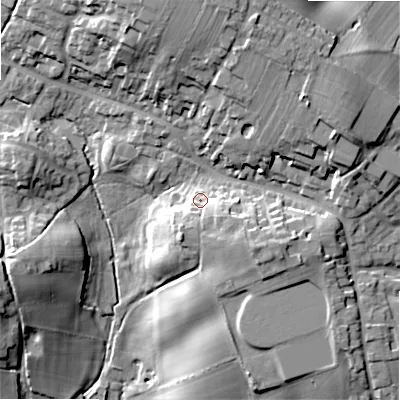 Shaded relief map of the ground around WS153DG, computed from Environment Agency LiDAR. The ground here sits at about 113 m above sea level and falls 29 m across the surrounding 800 m. Surface water reaching this point runs off ground lying to the south-east, 7.8 m higher.