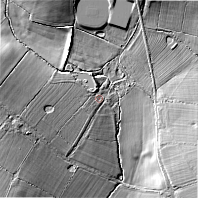 Shaded relief map of the ground around WS153DR, computed from Environment Agency LiDAR. The ground here sits at about 93 m above sea level and falls 19 m across the surrounding 800 m. Surface water reaching this point runs off ground lying to the west, 10.1 m higher.