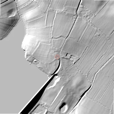 Shaded relief map of the ground around WS153DU, computed from Environment Agency LiDAR. The ground here sits at about 103 m above sea level and falls 32 m across the surrounding 800 m. Surface water reaching this point runs off ground lying to the north, 10.3 m higher.