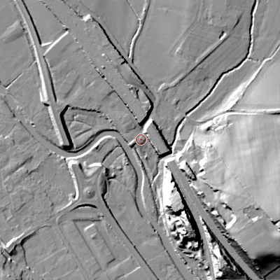 Shaded relief map of the ground around WS153HA, computed from Environment Agency LiDAR. The ground here sits at about 68 m above sea level and falls 28 m across the surrounding 800 m. Surface water reaching this point runs off ground lying to the north-east, 5.1 m higher.