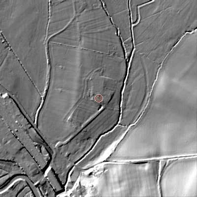 Shaded relief map of the ground around WS153HB, computed from Environment Agency LiDAR. The ground here sits at about 70 m above sea level and falls 27 m across the surrounding 800 m. The ground contributing surface water to this point lies to the west-north-west.
