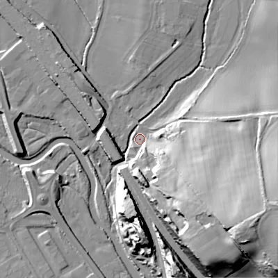 Shaded relief map of the ground around WS153HQ, computed from Environment Agency LiDAR. The ground here sits at about 68 m above sea level and falls 30 m across the surrounding 800 m. Surface water reaching this point runs off ground lying to the south-east, 29.4 m higher.