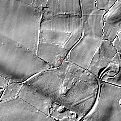 Shaded relief map of the ground around WS153JR, computed from Environment Agency LiDAR. The ground here sits at about 75 m above sea level and falls 8 m across the surrounding 800 m. Surface water reaching this point runs off ground lying to the south-south-west, 1.0 m higher.