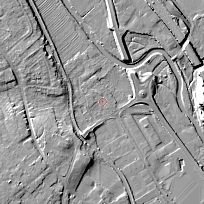 Shaded relief map of the ground around WS153JU, computed from Environment Agency LiDAR. The ground here sits at about 68 m above sea level and falls 17 m across the surrounding 800 m. Surface water reaching this point runs off ground lying to the west-south-west, 1.1 m higher.