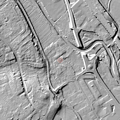 Shaded relief map of the ground around WS153JY, computed from Environment Agency LiDAR. The ground here sits at about 68 m above sea level and falls 13 m across the surrounding 800 m. Surface water reaching this point runs off ground lying to the south-west, 9.7 m higher.