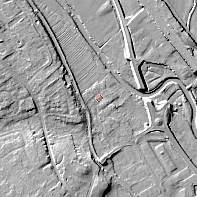 Shaded relief map of the ground around WS153JZ, computed from Environment Agency LiDAR. The ground here sits at about 68 m above sea level and falls 12 m across the surrounding 800 m. Surface water reaching this point runs off ground lying to the west, 2.3 m higher.