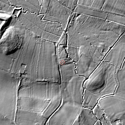 Shaded relief map of the ground around WS153LW, computed from Environment Agency LiDAR. The ground here sits at about 75 m above sea level and falls 12 m across the surrounding 800 m. Surface water reaching this point runs off ground lying to the west-south-west, 1.5 m higher.