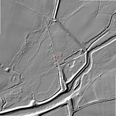 Shaded relief map of the ground around WS153QB, computed from Environment Agency LiDAR. The ground here sits at about 62 m above sea level and falls 8 m across the surrounding 800 m. Surface water reaching this point runs off ground lying to the south-south-east, 6.0 m higher.