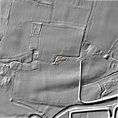 Shaded relief map of the ground around WS153QD, computed from Environment Agency LiDAR. The ground here sits at about 65 m above sea level and falls 5 m across the surrounding 800 m. Surface water reaching this point runs off ground lying to the north-north-west, 1.4 m higher.