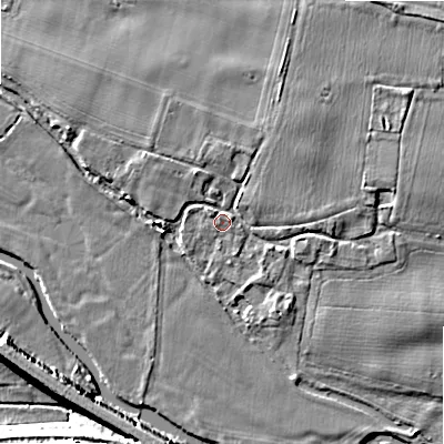 Shaded relief map of the ground around WS153QE, computed from Environment Agency LiDAR. The ground here sits at about 65 m above sea level and falls 14 m across the surrounding 800 m. Surface water reaching this point runs off ground lying to the north-north-west, 1.9 m higher.