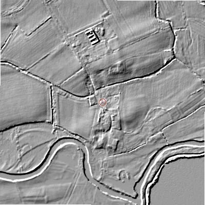Shaded relief map of the ground around WS153QH, computed from Environment Agency LiDAR. The ground here sits at about 62 m above sea level and falls 6 m across the surrounding 800 m. Surface water reaching this point runs off ground lying to the south-south-west, 1.6 m higher.