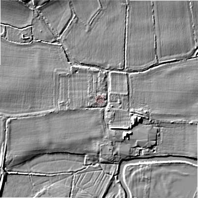 Shaded relief map of the ground around WS153QL, computed from Environment Agency LiDAR. The ground here sits at about 64 m above sea level and falls 7 m across the surrounding 800 m. Surface water reaching this point runs off ground lying to the west, 0.8 m higher.