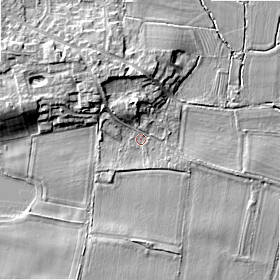 Shaded relief map of the ground around WS153QR, computed from Environment Agency LiDAR. The ground here sits at about 65 m above sea level and falls 8 m across the surrounding 800 m. Surface water reaching this point runs off ground lying to the north, 6.8 m higher.