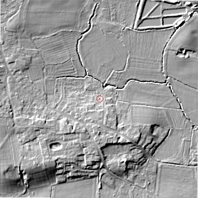Shaded relief map of the ground around WS153QW, computed from Environment Agency LiDAR. The ground here sits at about 67 m above sea level and falls 8 m across the surrounding 800 m. Surface water reaching this point runs off ground lying to the south-south-west, 3.1 m higher.