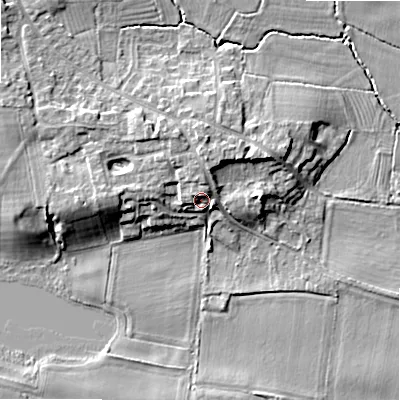 Shaded relief map of the ground around WS153RB, computed from Environment Agency LiDAR. The ground here sits at about 68 m above sea level and falls 8 m across the surrounding 800 m. Surface water reaching this point runs off ground lying to the north-west, 2.5 m higher.