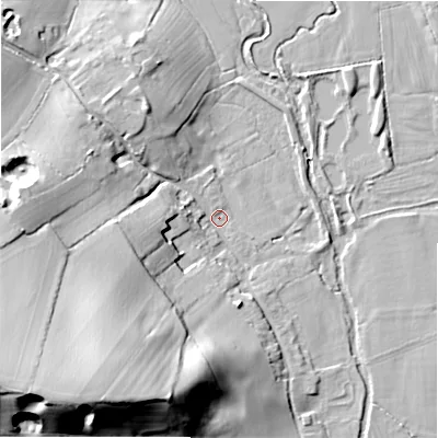 Shaded relief map of the ground around WS153RR, computed from Environment Agency LiDAR. The ground here sits at about 65 m above sea level and falls 30 m across the surrounding 800 m. Surface water reaching this point runs off ground lying to the south-west, 27.9 m higher.