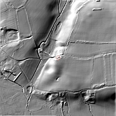 Shaded relief map of the ground around WS153SF, computed from Environment Agency LiDAR. The ground here sits at about 73 m above sea level and falls 20 m across the surrounding 800 m. Surface water reaching this point runs off ground lying to the east-north-east, 5.5 m higher.