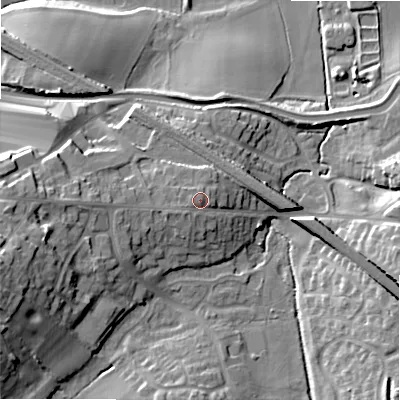 Shaded relief map of the ground around WS154BH, computed from Environment Agency LiDAR. The ground here sits at about 77 m above sea level and falls 26 m across the surrounding 800 m. Surface water reaching this point runs off ground lying to the west, 1.5 m higher.