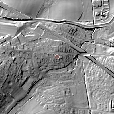 Shaded relief map of the ground around WS154BJ, computed from Environment Agency LiDAR. The ground here sits at about 76 m above sea level and falls 25 m across the surrounding 800 m. Surface water reaching this point runs off ground lying to the north, 1.8 m higher.